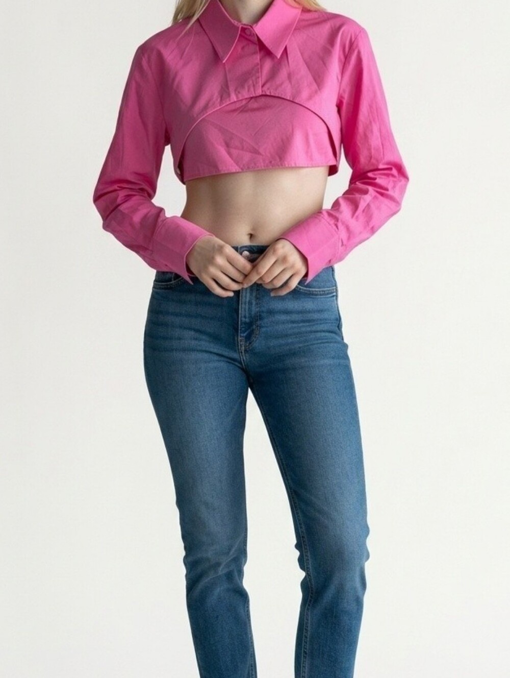 Zara Hot Pink Super Cropped Button-Up Shirt Women's Size XS   100% Cotton